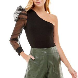 TCEC One Sleeve Organze Sheer Puff Detail Ribbed Bodysuit Top Black Small‎